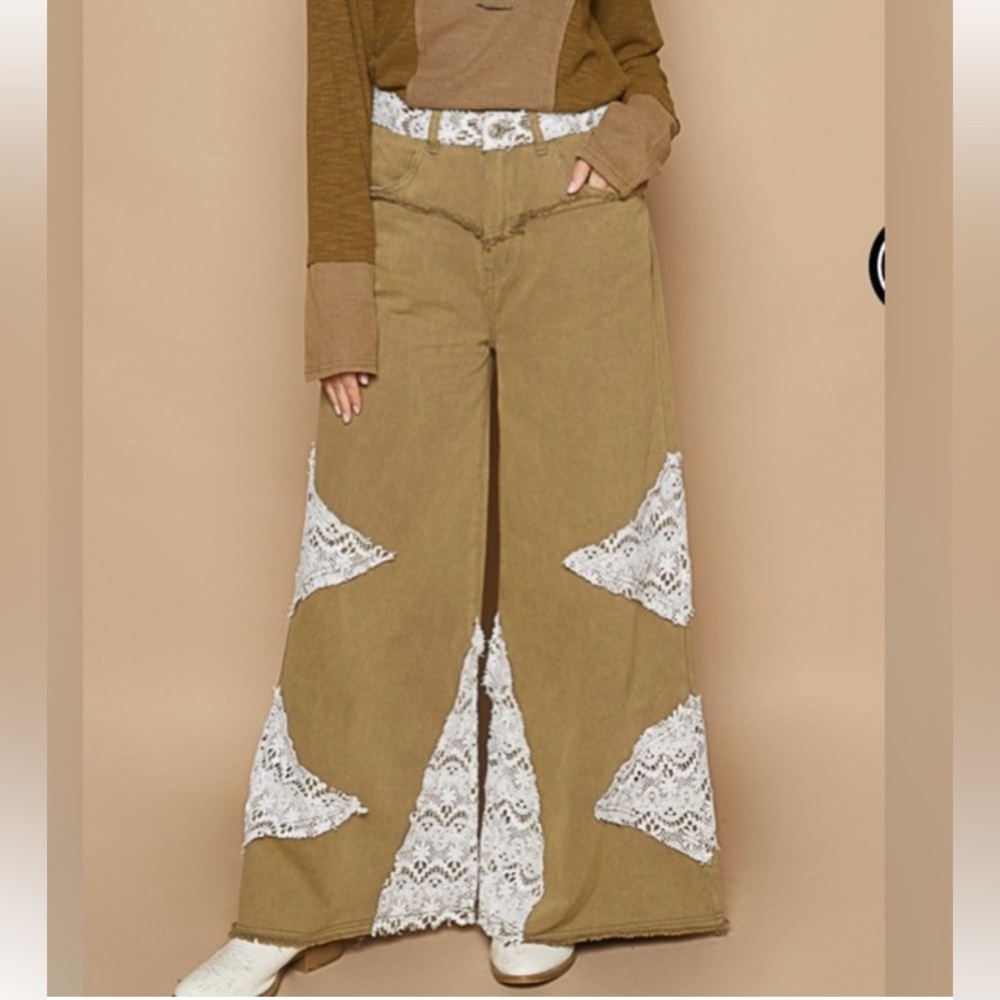 POL Olive Camel Wide-Leg Pants with White Lace Panels